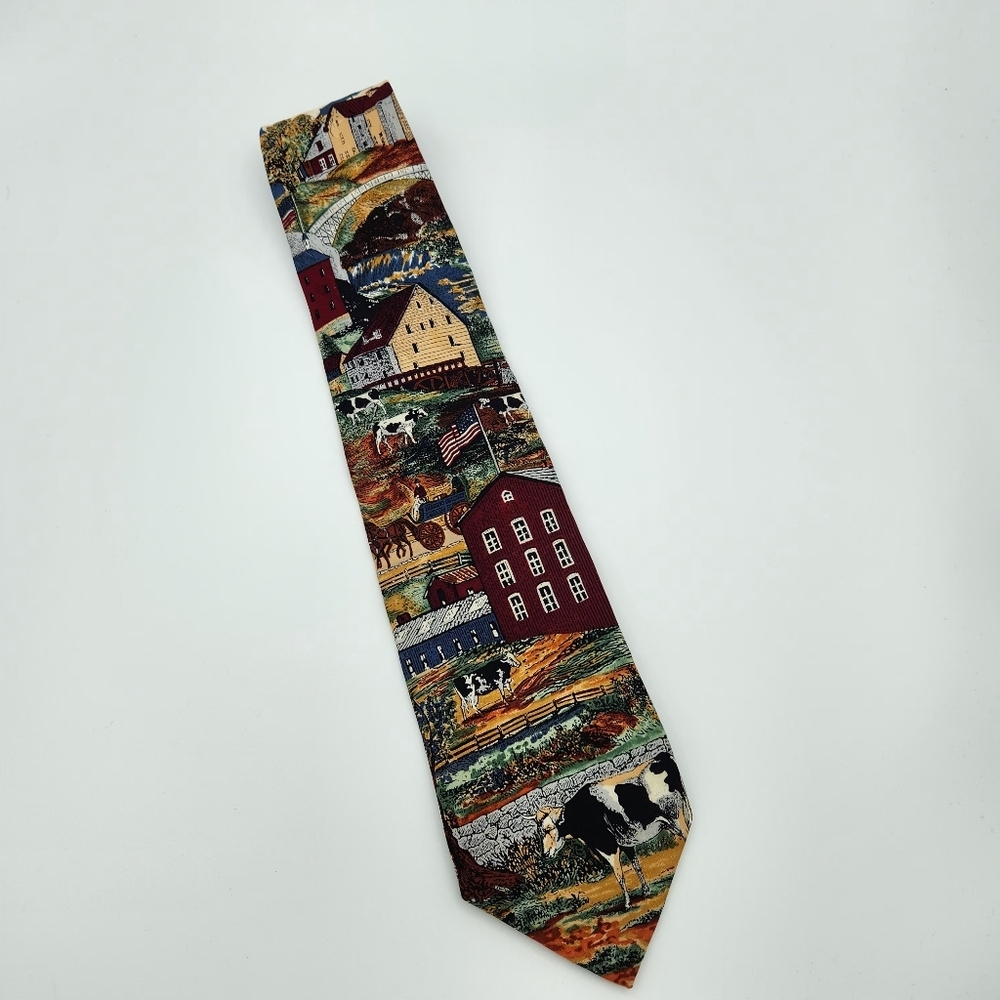 Vtg 417 by Van Heusen Americana Series Country‎ Farm Scene 100% Silk Tie Cow